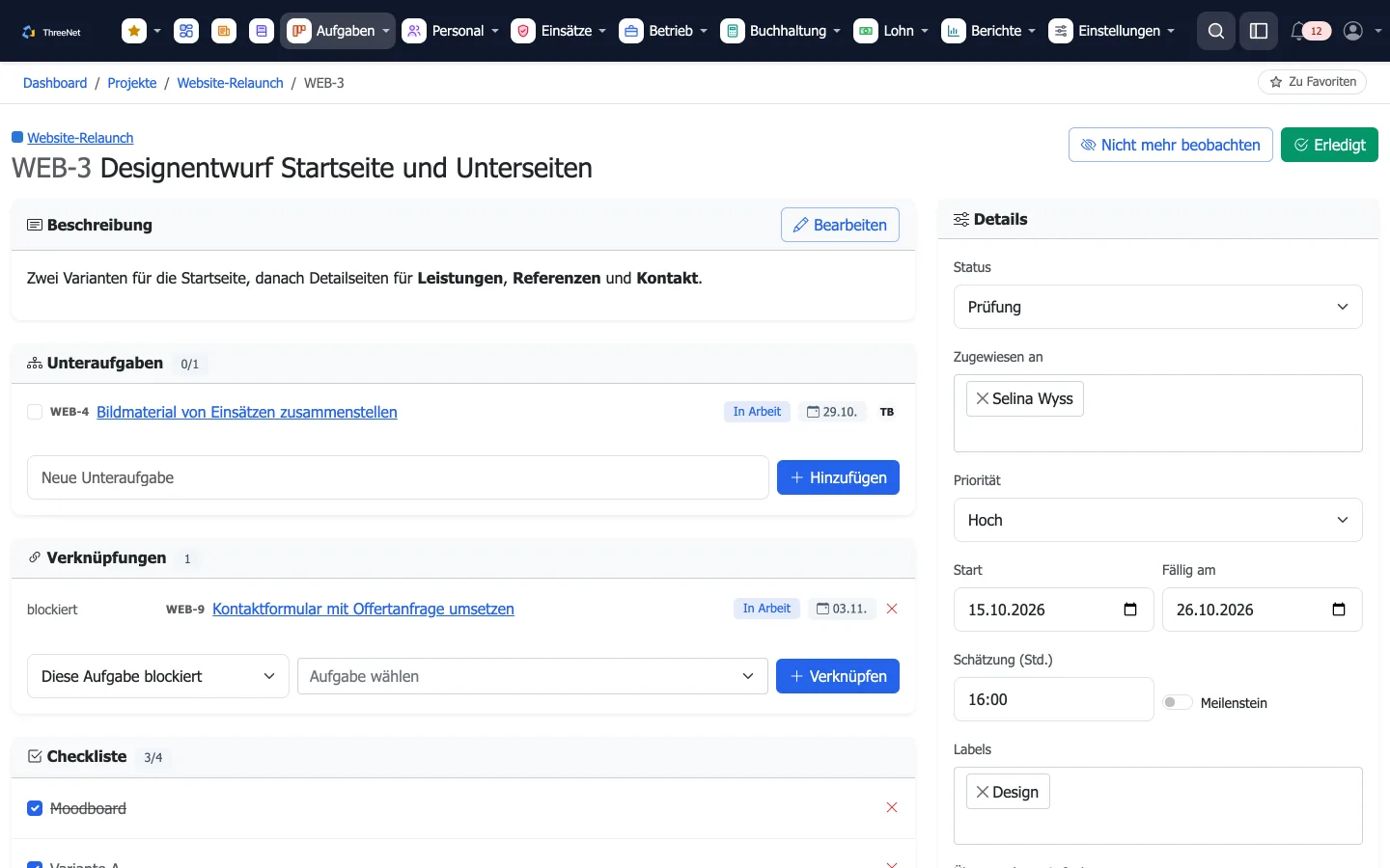 Aufgabe mit Unteraufgaben, Abhängigkeit und Checkliste