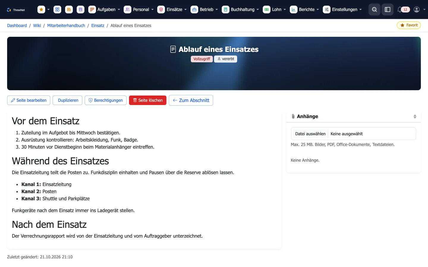 Wiki-Seite im Mitarbeiterhandbuch